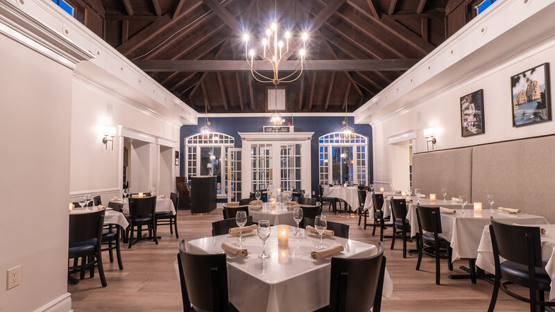 Dining room with many set tables